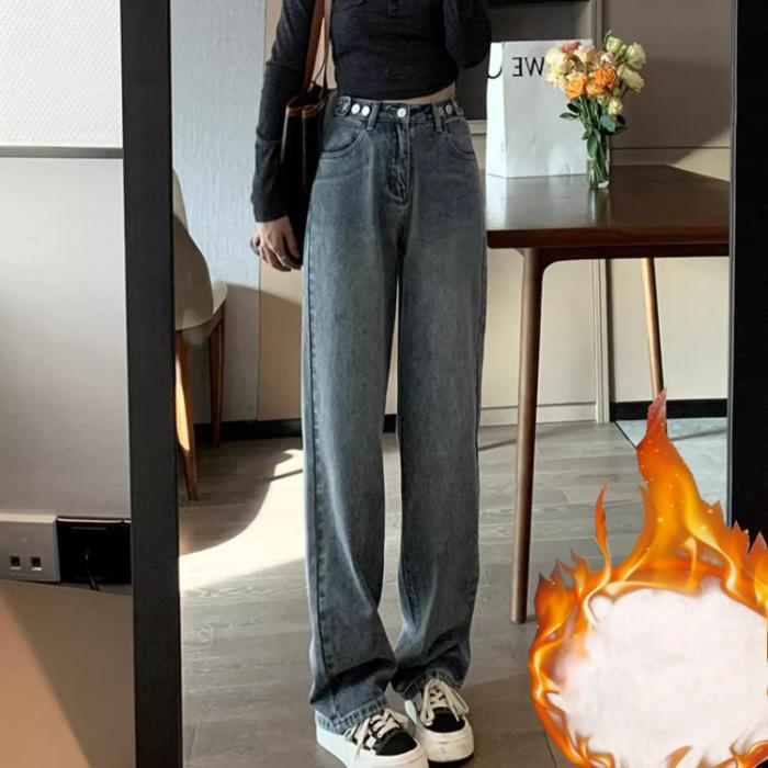 

Светло-голубые плюшевые прямые джинсы для женщин на осень и зиму. Новые джинсы с высокой посадкой, регулируемые, свободные, стройнящие, широкие брюки. 2XL