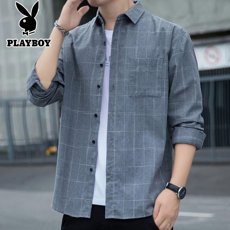 Playboy Men s Plaid Casual Long Sleeve Shirt 4XL