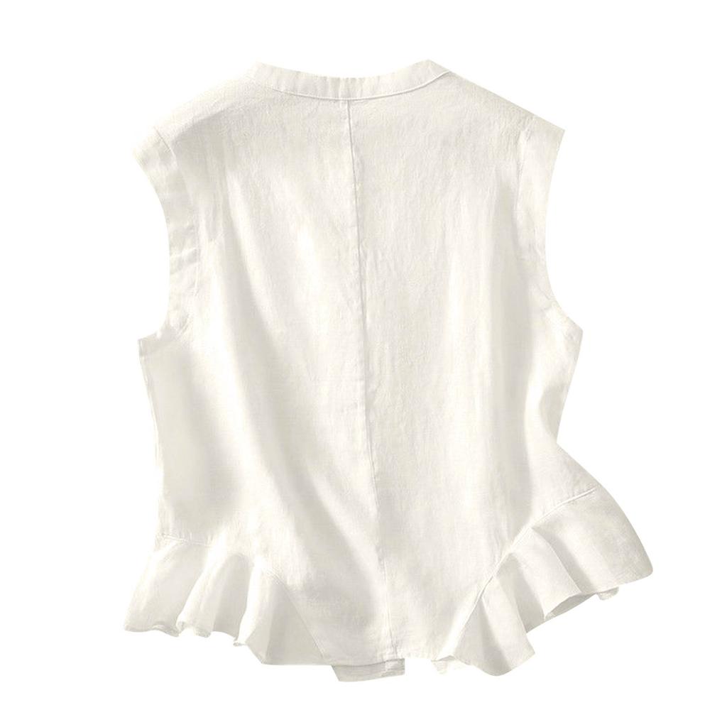 Women's Minimalist Loose Fit Cotton Linen Blend Elegant Tank Top With Ruffled Hem And Button Detail
