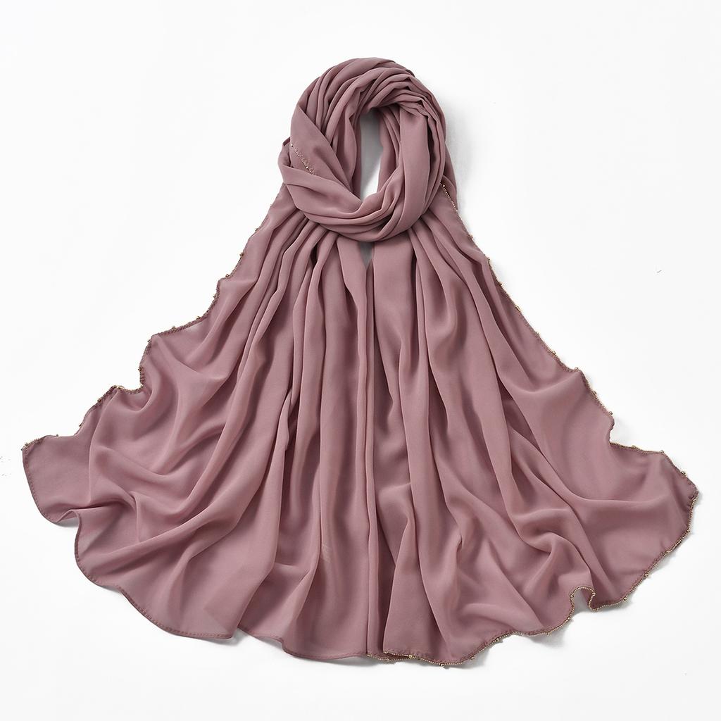 Muslim Chiffon Hijab Women Glitter Chain Edge Premium Chiffon Scarf Solid Color Plain Shawl Unique Edge Design Headscarf Wraps