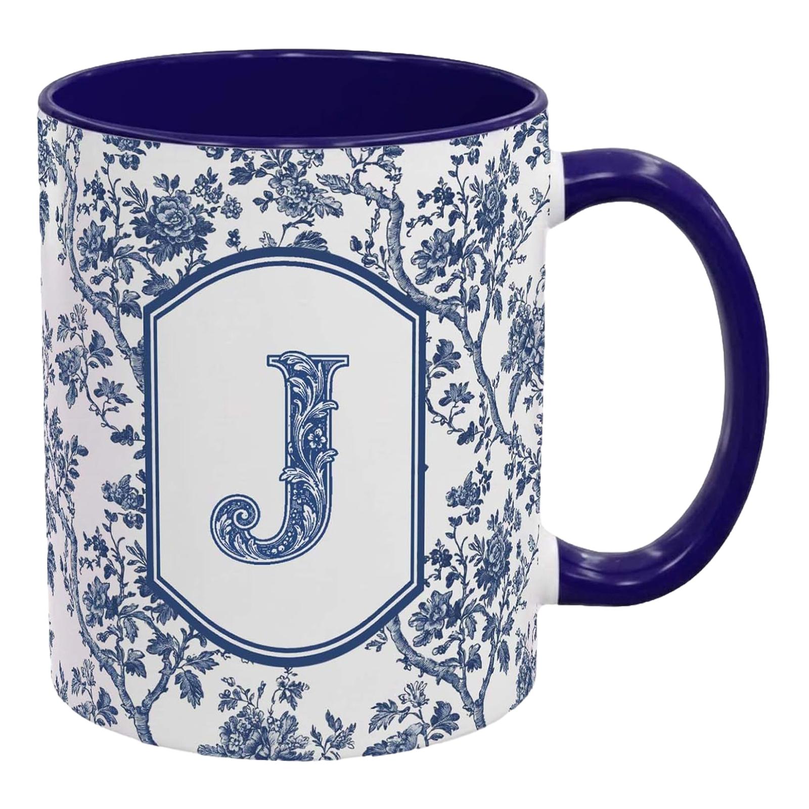

Blue Toile Letter Mug 11 Oz French Floral Ceramic Coffee Cup with Initials Birthday Gifts for Women Men Friend 11oz