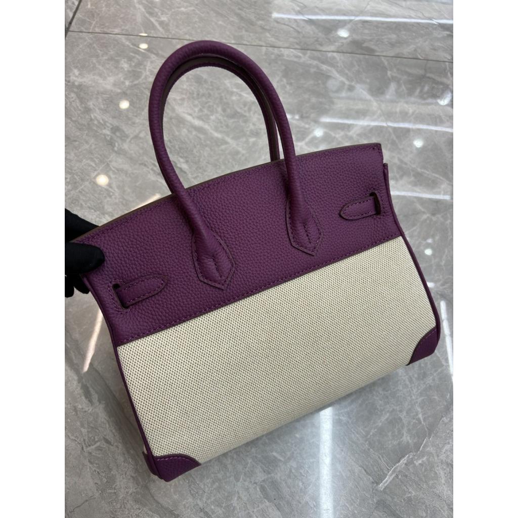 2026 new first-layer lychee pattern cowhide with linen canvas platinum bag genuine leather handbag European and American messenger bag bag