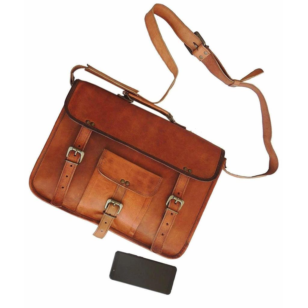 Men Goat Leather Vintage Brown Messenger Shoulder Laptop Bag Briefcase