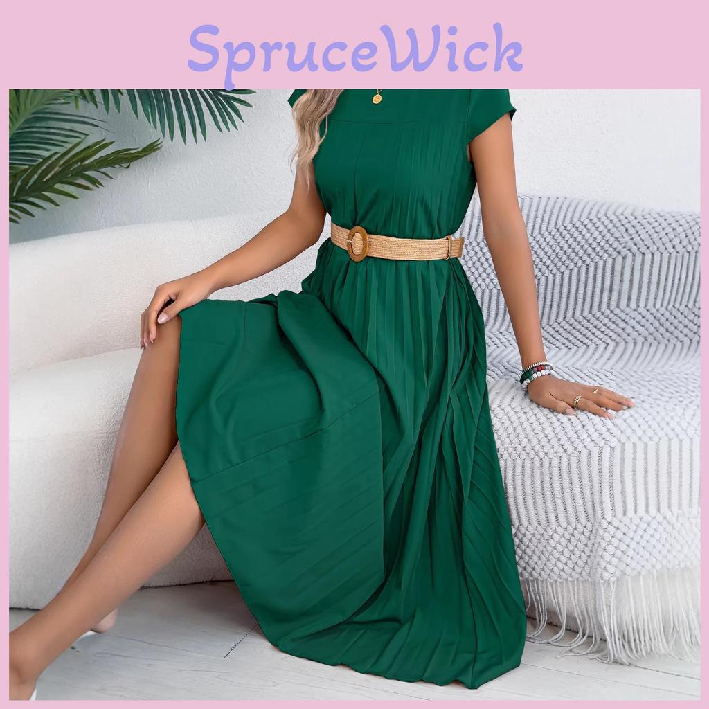 Euro Street Style Short Sleeve Pleated Dress With Pockets For Casual Daily Wear