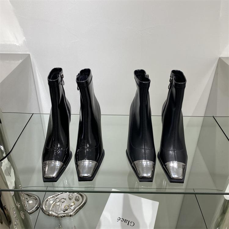Autumn and Winter Fashion Side Zipper Boots European and American Style Metal Square Head Women's Boots Fine Heel High Heel Short Boots Women