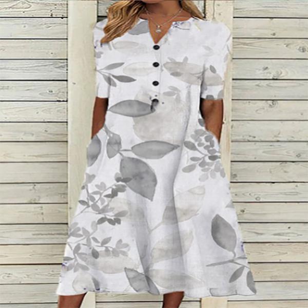Elegante Frauen Kleider V-ausschnitt Kurzarm Taste Party Kleid Frauen Sommer Vintage Print Kleid Casual Lose Blume Damen Kleider