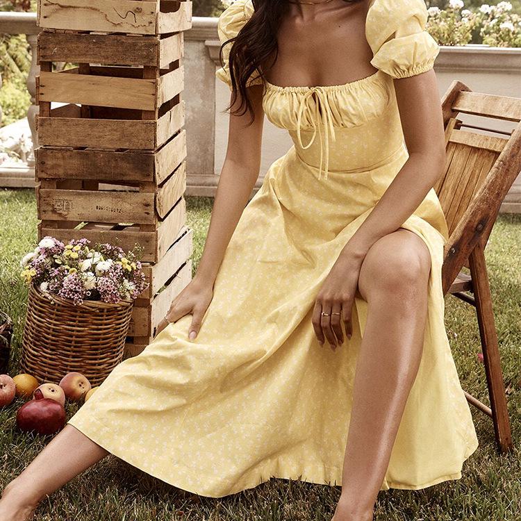 2026 Spring Women's Elegant Floral Slit Lace-up Dress - European & American Style