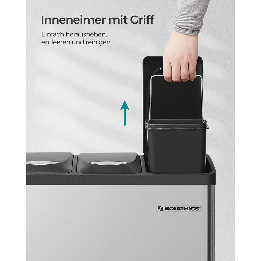 SONGMICS Recycling Bin, 3-in-1 Pedal Bin, 24-Litre Metal Rubbish Bin, Waste Separation System Dustbin for Kitchen, Easy To Clean, Steel, Silver