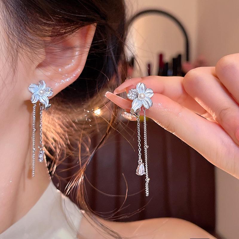Light Luxury Long Tassel Flower Earrings for Women Japanese and Korean Style Niche High-End Dangle Earrings Jewelry Accessories
