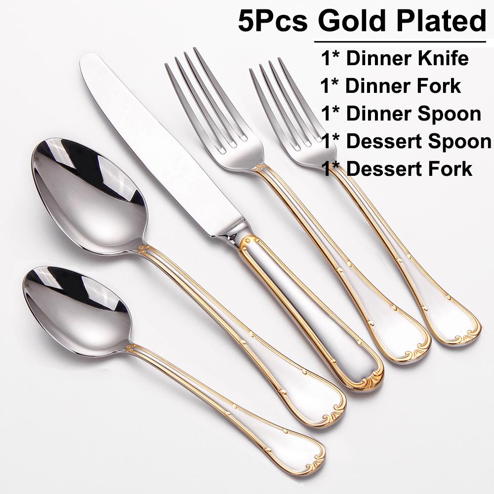 5/10/15/20pcs Sliver Cutlery Gold Plated Western Tableware Stainless Steel Dinner Set Mirror Knife Fork Spoon Dishwasher Safe
