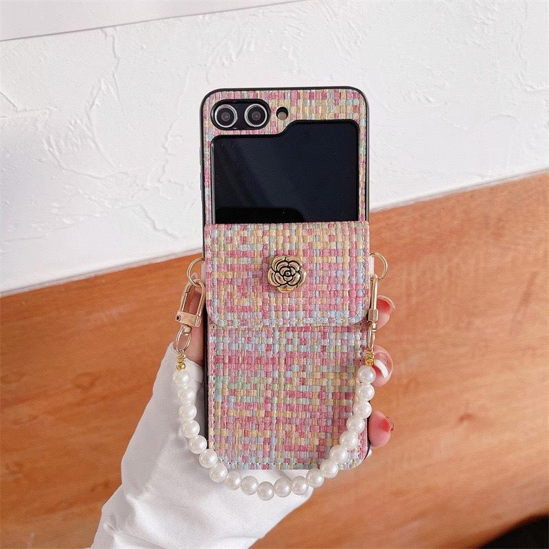 

Flower Wallet Phone Case for Huawei Pocket2 Folding Screen Flip for Samsung Zflip5 Pearl Hand Chain For Samsung ZFlip3