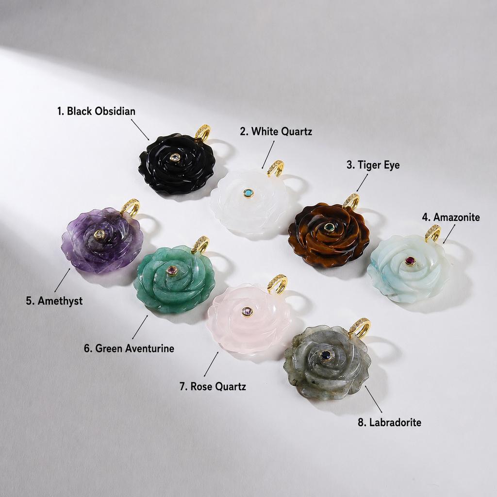 Romantic Vintage Style Rosebud Charm Findings 18K Gold Plated Inlaid Zircon Natural Stone Flower Pendant for DIY