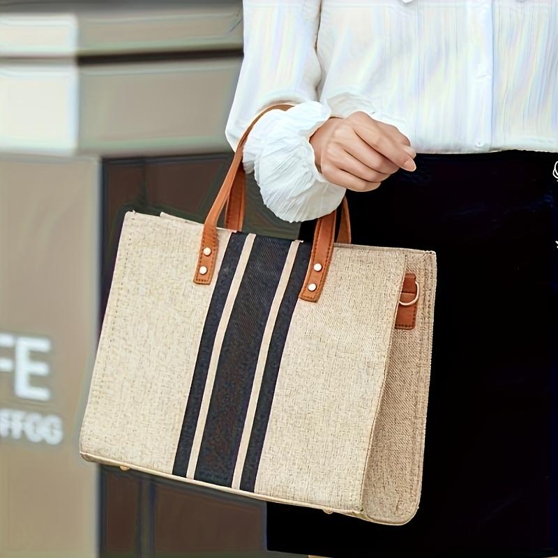 Stilvolle Damen Canvas-Tragetasche, Schwarz-Blau gestreiftes Design Handtasche Umhängetasche für Arbeit, Schule, Einkaufen, Strandausflüge & Fitnessstudio