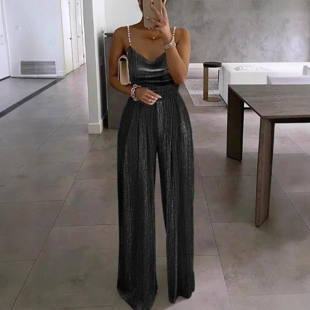 Tuta Elegante da Donna con Spalline di Perle e Paillettes Gamba Larga Scollo a V Senza Maniche per Feste