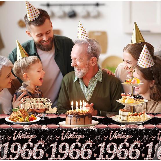 2pcs 60th Birthday Tablecloth, Black Rose Gold 60th Birthday Decorations for Woman Vintage 1966 Table Cloth Plastic Rectangular Table Cover Happy 60