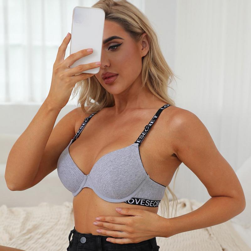 Underwear Letter Black Cotton Moulded with Steel Ring Fashion Adjustment Bra Simple Bra