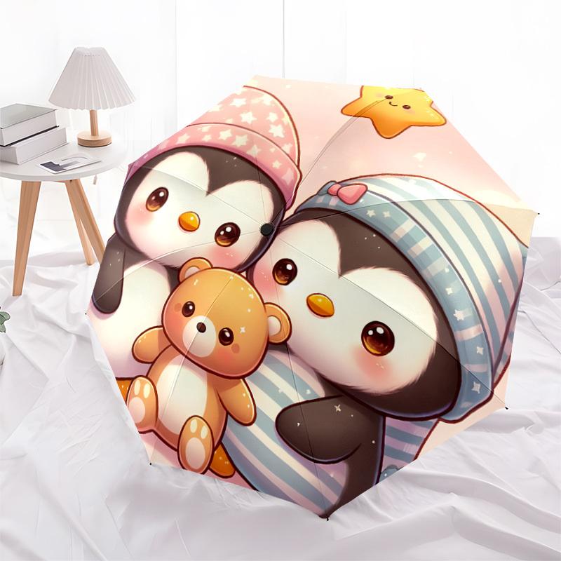 1pc Penguin Family with Teddy Bear Umbrella with Plastic Handle,Suitable for All Seasons Home Travel Outdoor UmbrellaDD1030