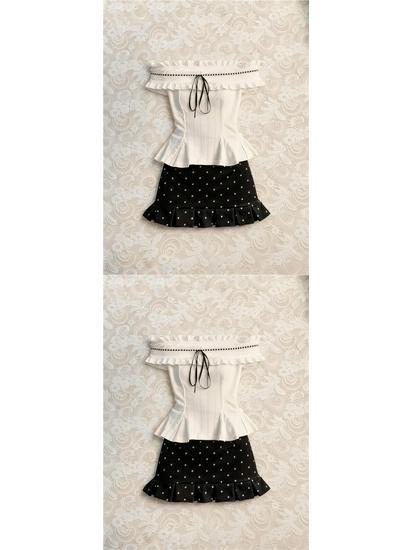 Women's Trendy Summer Set: Off-Shoulder Ruffled Top & Polka Dot High-Waisted Midi Skirt.