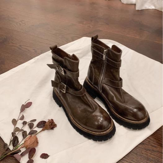 Grape Mom's annual combat boots of the same style~ Washed shrinkage horse leather buckle belt thick heel Martin skirt short boots women's locomotive