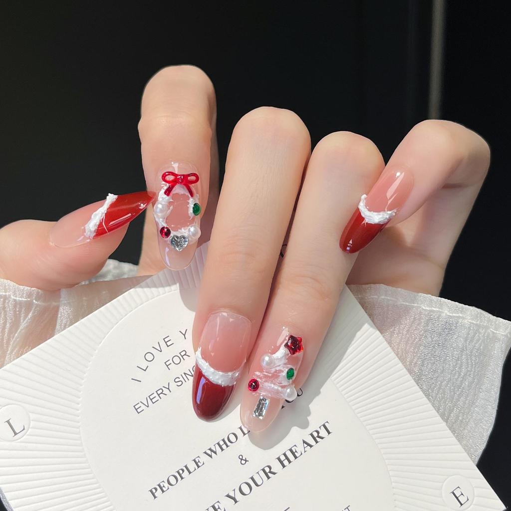 Red Wreath Cat Eye Bow French Christmas Nail Art Stickers - Handmade, Wearable, New Style