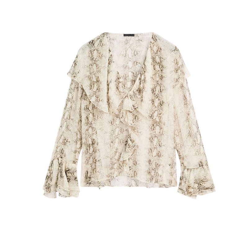 

MD Осенняя женская одежда Дизайн во французском стиле Чувствительная к температуре Мягкий ветер Принт змеиной кожи Волан V-образный вырез Рубашки Топ 5108811 Gray L