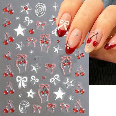 Red Cherry Rowknot 3D Nail Sticker Self-Adhesive Nail Art Decoration Sticker For Women Manicure Diy Decals Decoration