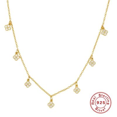 S925 Sterling Silver Four-Leaf Clover Diamond-Encrusted Small Accessories Stacked Collarbone Chain Necklace Women