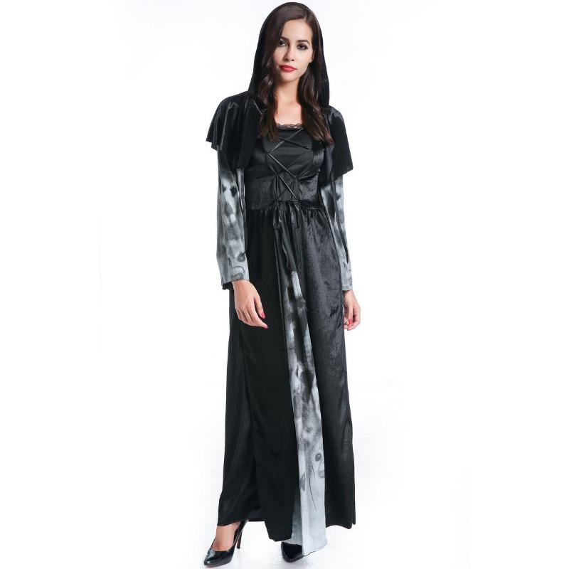 Halloween new skull print witch long vampire costume, queen devil dress costume