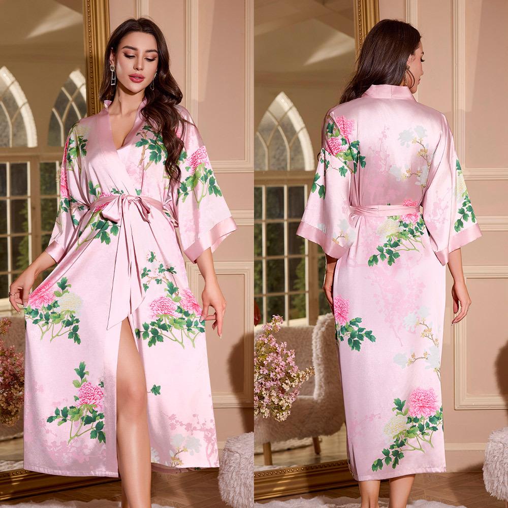 Female Long Robe Loungewear Elegant Chinese Style Kimono Bathrobe Gown Negligee New Silky Satin Sleepwear Nightgown Loose Pajama