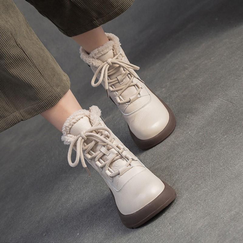 Johnature Kurzstiefel mit dicker Sohle Retro Echtes Leder Plüsch Warm Runde Zehenpartie Schnürschuhe Damen