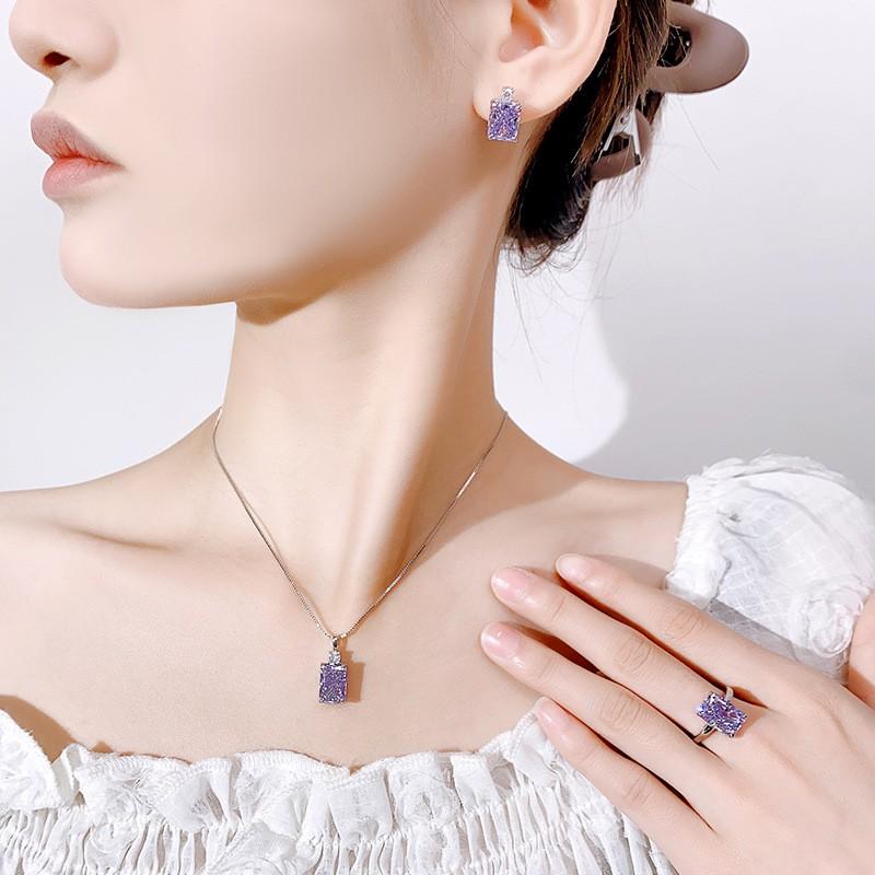 Womens Fashion Jewelry Set With Cubic Zirconia Ice Flower Cut Earrings Necklace Ring Purple Violet Tone Copper Alloy