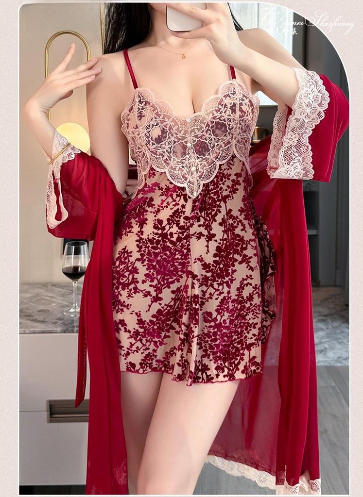 Silk Velvet Deep V Nightwear With Lace Bustier For Women Home Comfort