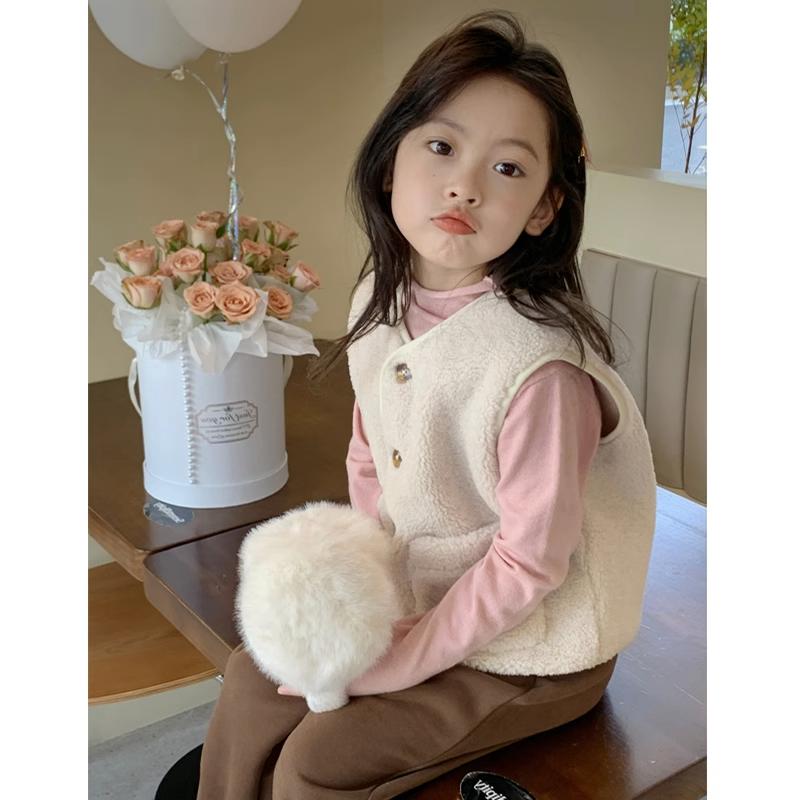 Girls Korean Fleece Lined Sheepskin Vest Autumn Winter Warm Fashion Outerwear Baby Chic Waistcoat 90
