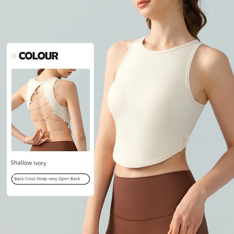 Cross-Border Fixed Cup Yoga Beauty Back Vest Sexy Cross Backless Gym Breathable Quick-Drying Tops Running Outerwear
