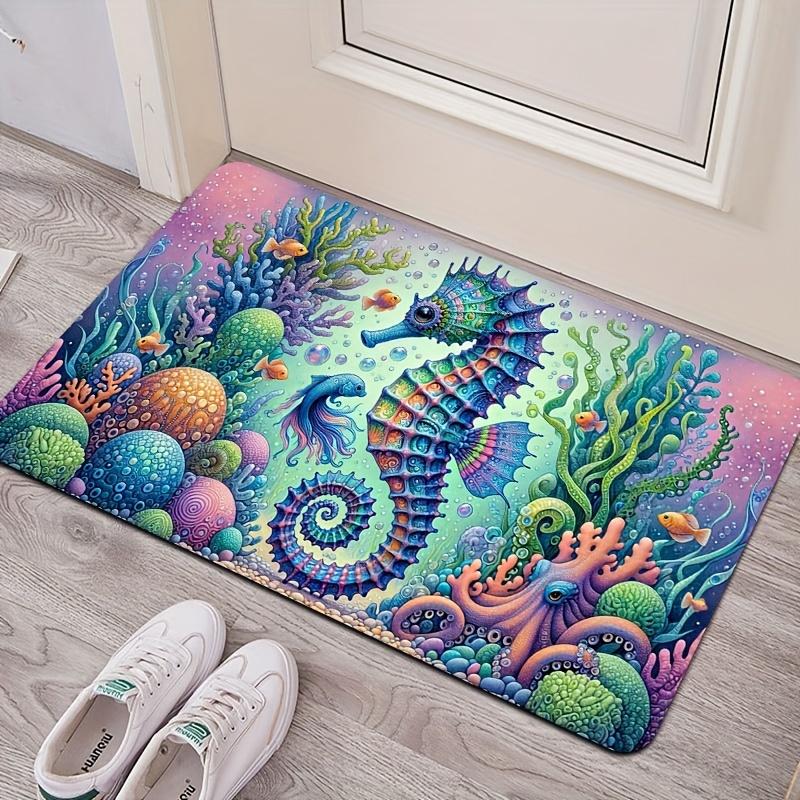 Underwater Seahorse Doormat, Ocean Theme Polyester Rug, Non-Slip Machine Washable Door Carpet for Bathroom Decor 40x60cm