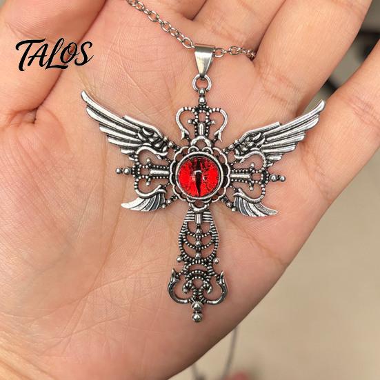 Personalized Dark Style Accessory Devil Eye Pendant Necklace, Gothic Winged Religious Charm Detailed Metal Engraving Statement Vintage Punk
