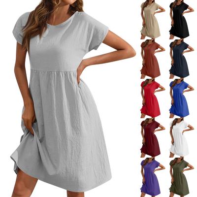 Rochii de vară pentru femei cu mâneci scurte din in Rochii tricou casual Rochie midi de plajă Swing Rochii de soare cu buzunare