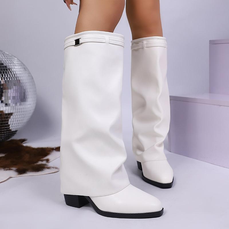 Women's Fashion Folding Knee-high Boots Winter Solid Color Non-slip Thick-soled Wide-leg PU Leather Fashion Boots Botas Mujer