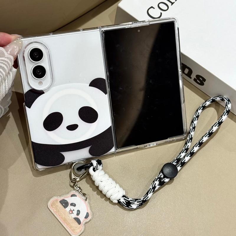 Kawaii Cartoon Panda Magnetic Phone Case For Samsung Galaxy Z Fold 8 Ultra 7 6 5 Fold7 Fold6 Cover with Magsafe Stand Cute Cases