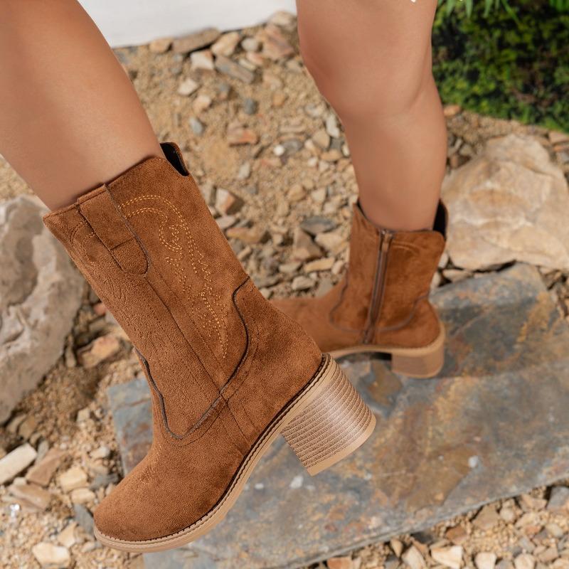 Stylish Mid-Tube Boots Women's Autumn New Pointed Toe Suede Embroidered Side Zip Anti-Slip Wear-Resistant Block Heel Western