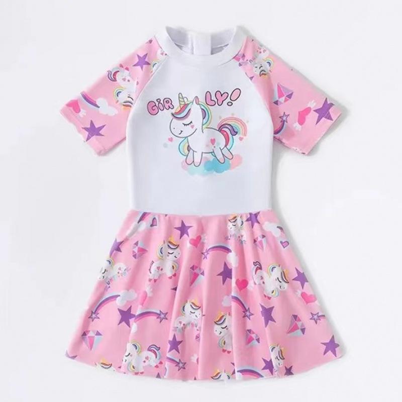 Children s swimsuit girls  sunscreen swimsuit small medium and large children s cute princess little girl one-piece cartoon swimsuit skirt L【100-110cm】
