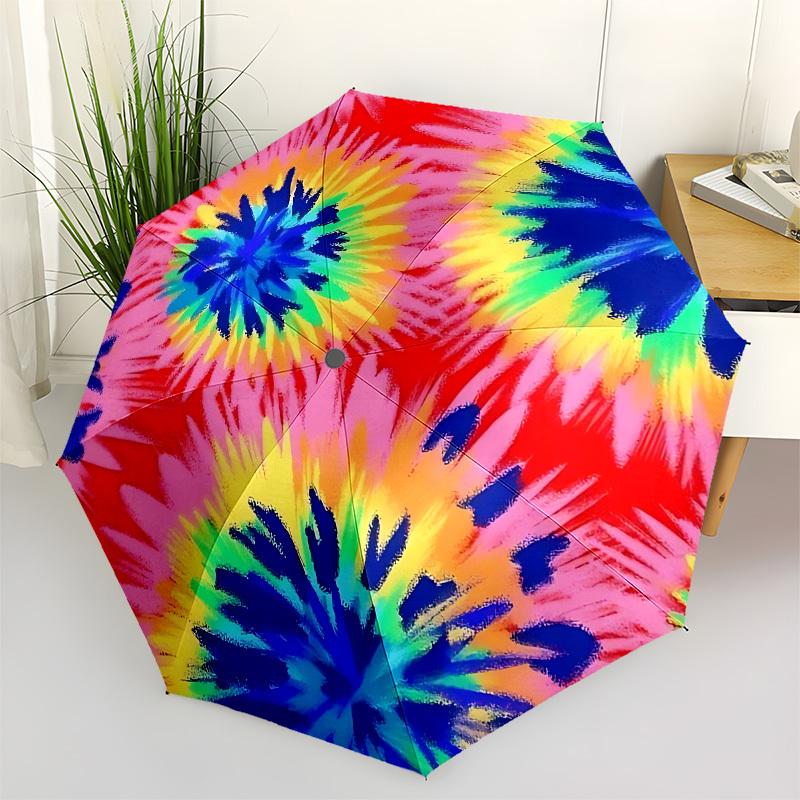 1pc Tie-Dye Pattern Automatic Folding Umbrella, Portable Collapsible Design, 8-Rib Iron Frame, Outdoor Accessory Yy250905109