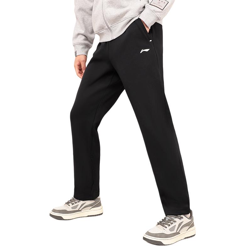 Li Ning Sports Lifestyle Series Solid Color Low Waist Drawstring Straight Leg Knit Sports Pants Men bottoms Black AKLTD49-1