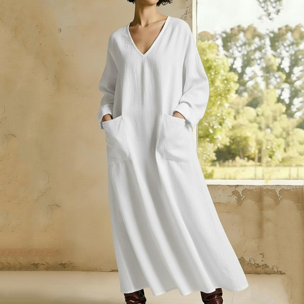 Women's Fashionable Loose-Fit -Color V-Neck Pocket Long-Sleeve Cotton-Linen Blend Dress