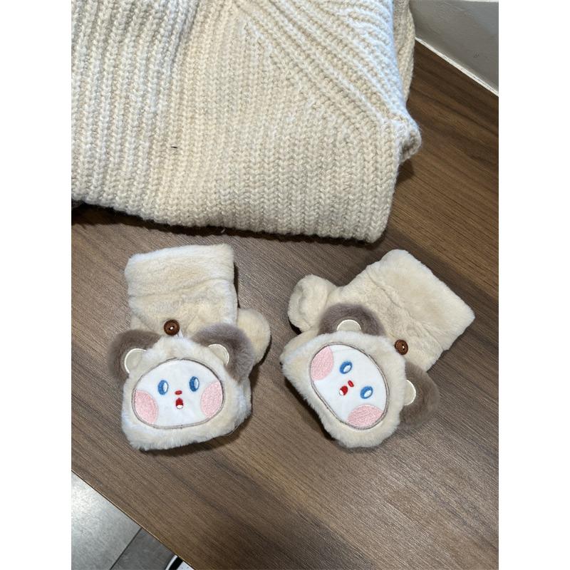 Korean Version of Cute Cartoon Flip Gloves for Women In Winter Warmth Plus Velvet Thickened Half Finger Exposed Finger Windproof Riding Gloves