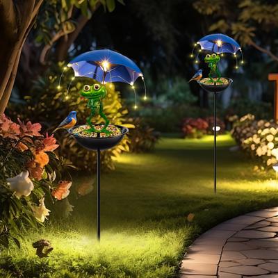Alimentador Solar para Pássaros Decoração de Jardim de Rã Design com Orifícios de Drenagem Resistente às Condições Climáticas Luzes Solares Externas Luzes de Estatueta de Rã com Guarda-Chuva