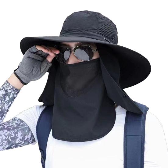 Men Fisherman Hat Wide Brim Breathable Mesh Design Quick-Drying Bucket Hat with Neck Shawl Face Guard Outdoor Fishing Hat