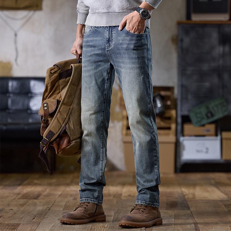 Fashion commuter jeans trendy brand slim small feet denim boys slim straight pants elastic retro denim trousers