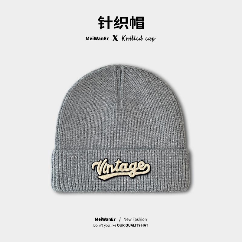 Hat Female Winter Japanese Simple Versatile Wool Hat Student Couple Cold Hat Warm Letter Knitted Hat Male