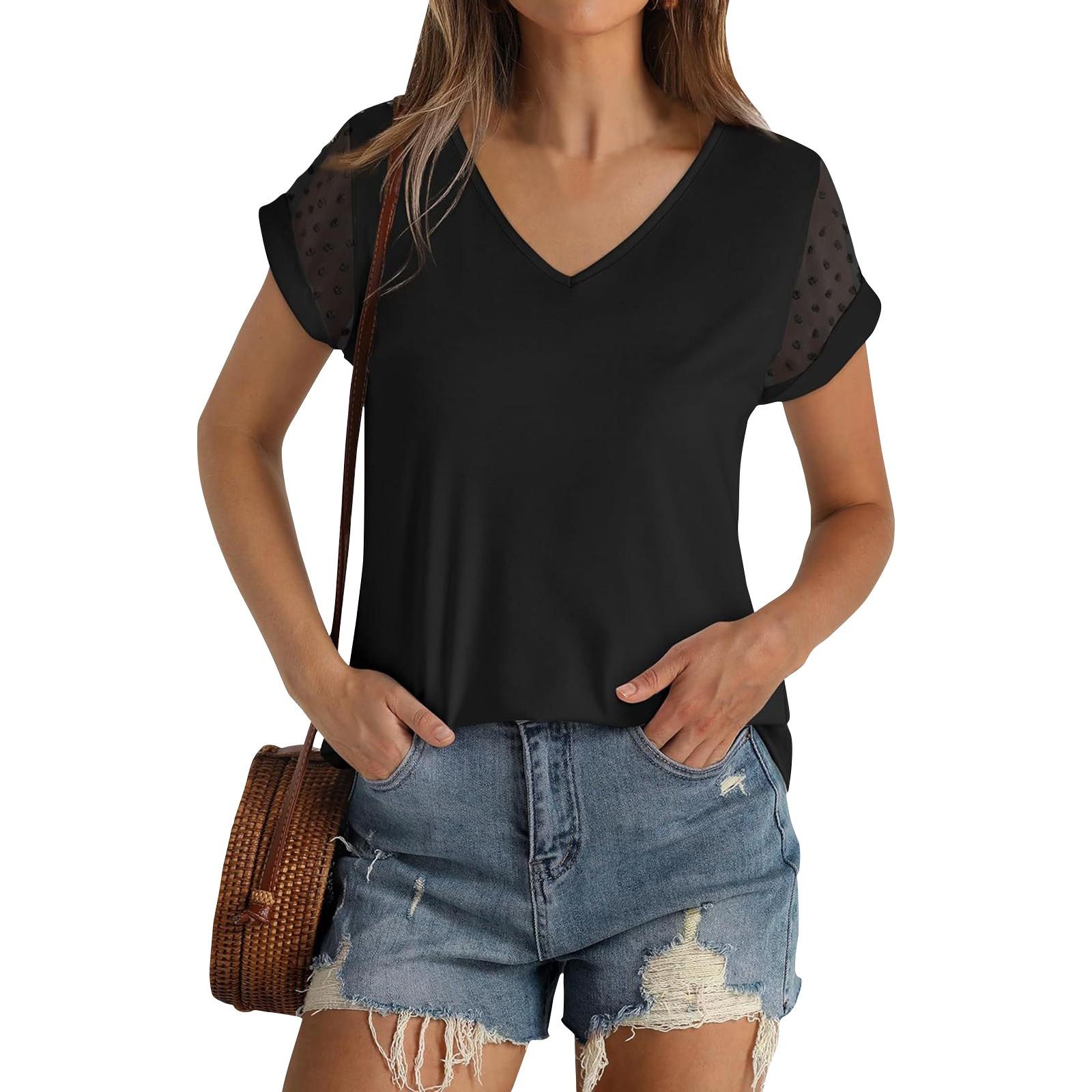 

Новая модная повседневная женская верхняя летняя футболка с v-образным вырезом и топом с рукавами в горошек XL чёрный